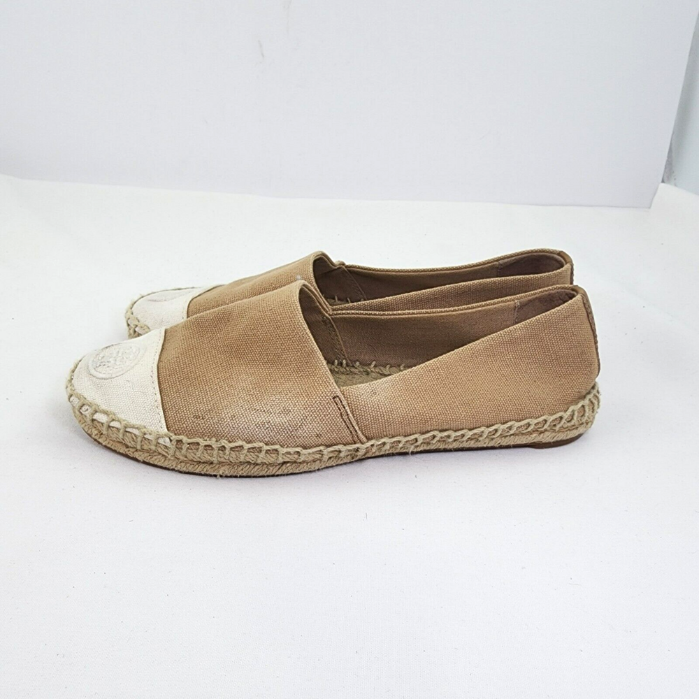 Tory Burch 7.5 Dulce de Leche Beige Cap Toe Canvas Espadrille Flays Color Block